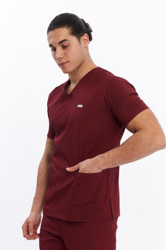 Tek üst bordo scrubs - Bordo üniforma erkek tek üst