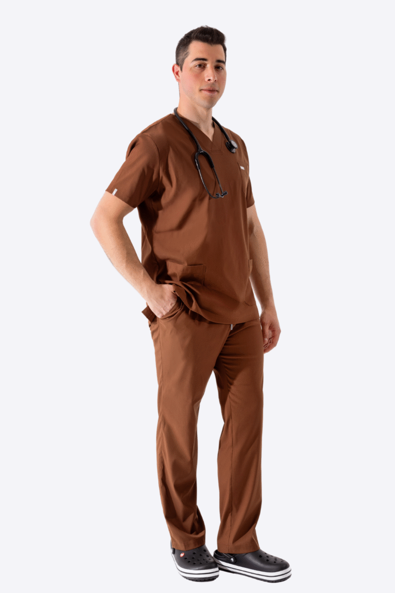 Kahve erkek cerrahi önlük takımı - Kahverengi scrubs takımı