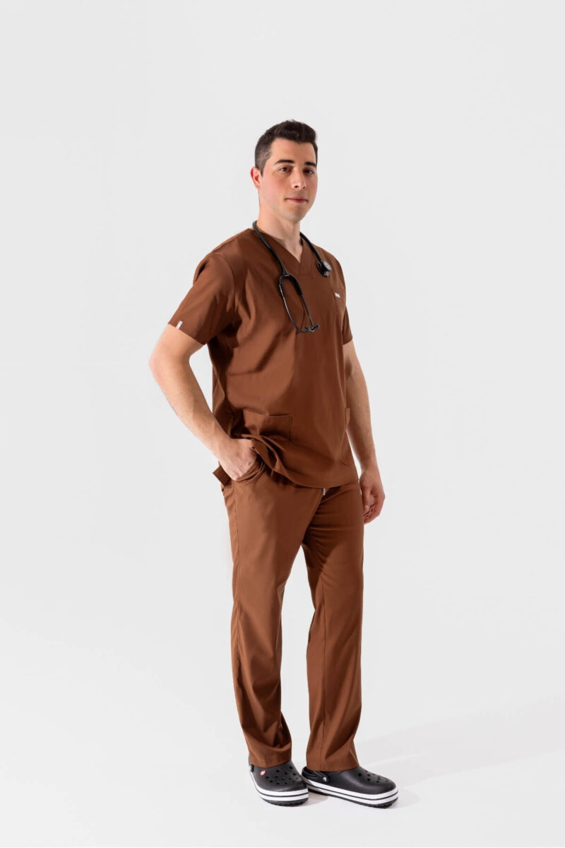 Kahve erkek cerrahi önlük takımı - Kahverengi scrubs takımı